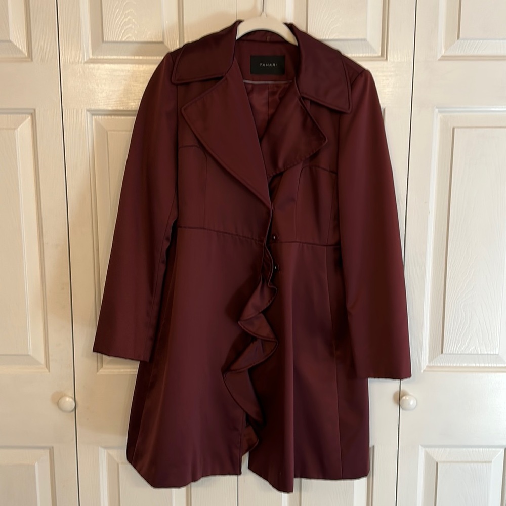 Maroon Ruffle Detail Sateen Coat